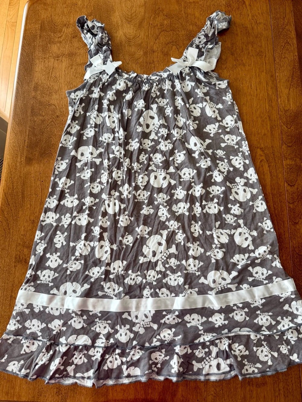 Gray Skull-Print Ruffle Strap Dress with White Bow Detail